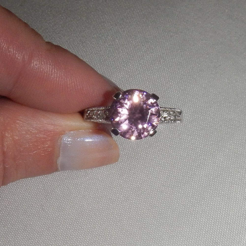 ROUND PINK CZ STONE RING WITH CLEAR CZ ACCENTS